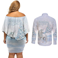 Magical Christmas Couples Matching Off Shoulder Short Dress and Long Sleeve Button Shirt Unicorn With Cotton Candy Xmas Tree - Wonder Print Shop