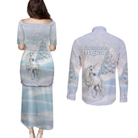 Magical Christmas Couples Matching Puletasi and Long Sleeve Button Shirt Unicorn With Cotton Candy Xmas Tree - Wonder Print Shop