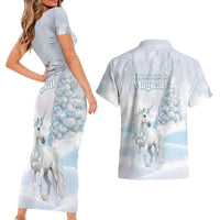 Magical Christmas Couples Matching Short Sleeve Bodycon Dress and Hawaiian Shirt Unicorn With Cotton Candy Xmas Tree - Wonder Print Shop