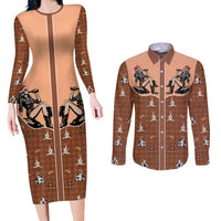 Western Yoke Couples Matching Long Sleeve Bodycon Dress and Long Sleeve Button Shirt Cowgirl Drinking Wine Christmas - Wonder Print Shop