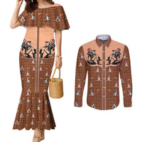 Western Yoke Couples Matching Mermaid Dress and Long Sleeve Button Shirt Cowgirl Drinking Wine Christmas - Wonder Print Shop