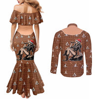 Western Yoke Couples Matching Mermaid Dress and Long Sleeve Button Shirt Cowgirl Drinking Wine Christmas - Wonder Print Shop