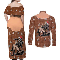 Western Yoke Couples Matching Off Shoulder Maxi Dress and Long Sleeve Button Shirt Cowgirl Drinking Wine Christmas - Wonder Print Shop