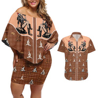 Western Yoke Couples Matching Off Shoulder Short Dress and Hawaiian Shirt Cowgirl Drinking Wine Christmas - Wonder Print Shop