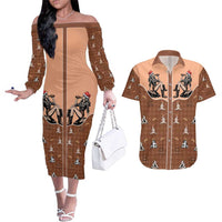 Western Yoke Couples Matching Off The Shoulder Long Sleeve Dress and Hawaiian Shirt Cowgirl Drinking Wine Christmas - Wonder Print Shop