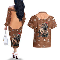Western Yoke Couples Matching Off The Shoulder Long Sleeve Dress and Hawaiian Shirt Cowgirl Drinking Wine Christmas - Wonder Print Shop