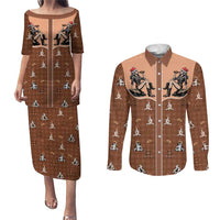Western Yoke Couples Matching Puletasi and Long Sleeve Button Shirt Cowgirl Drinking Wine Christmas - Wonder Print Shop