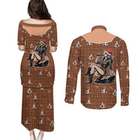 Western Yoke Couples Matching Puletasi and Long Sleeve Button Shirt Cowgirl Drinking Wine Christmas - Wonder Print Shop