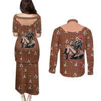Western Yoke Couples Matching Puletasi and Long Sleeve Button Shirt Cowgirl Drinking Wine Christmas - Wonder Print Shop