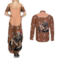 Western Yoke Couples Matching Summer Maxi Dress and Long Sleeve Button Shirt Cowgirl Drinking Wine Christmas - Wonder Print Shop