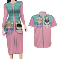 Western Yoke Couples Matching Long Sleeve Bodycon Dress and Hawaiian Shirt Meowdy Christmas And A Meow Year - Wonder Print Shop