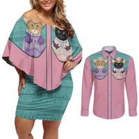 Western Yoke Couples Matching Off Shoulder Short Dress and Long Sleeve Button Shirt Meowdy Christmas And A Meow Year - Wonder Print Shop