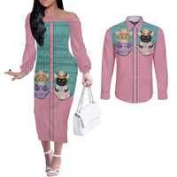 Western Yoke Couples Matching Off The Shoulder Long Sleeve Dress and Long Sleeve Button Shirt Meowdy Christmas And A Meow Year - Wonder Print Shop