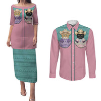Western Yoke Couples Matching Puletasi and Long Sleeve Button Shirt Meowdy Christmas And A Meow Year - Wonder Print Shop