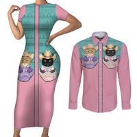 Western Yoke Couples Matching Short Sleeve Bodycon Dress and Long Sleeve Button Shirt Meowdy Christmas And A Meow Year - Wonder Print Shop