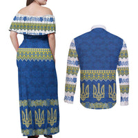 Ukraine Vyshyvanka Motif Couples Matching Off Shoulder Maxi Dress and Long Sleeve Button Shirt Ukrainian Coat Of Arms Rose Patterns - Wonder Print Shop