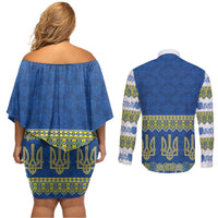 Ukraine Vyshyvanka Motif Couples Matching Off Shoulder Short Dress and Long Sleeve Button Shirt Ukrainian Coat Of Arms Rose Patterns - Wonder Print Shop