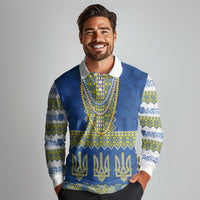 Ukraine Vyshyvanka Motif Long Sleeve Polo Shirt Ukrainian Coat Of Arms Rose Patterns - Wonder Print Shop