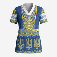 Ukraine Vyshyvanka Motif Scrub Top Ukrainian Coat Of Arms Rose Patterns - Wonder Print Shop