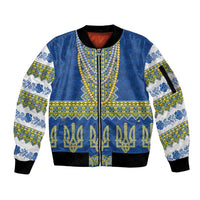 Ukraine Vyshyvanka Motif Sleeve Zip Bomber Jacket Ukrainian Coat Of Arms Rose Patterns - Wonder Print Shop