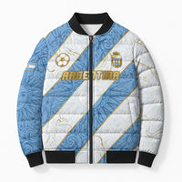 Custom Argentina Football Bomber Puffer Jacket Sun Of May Baroque Filigree Gold Striped Patterns