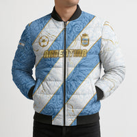 Custom Argentina Football Bomber Puffer Jacket Sun Of May Baroque Filigree Gold Striped Patterns