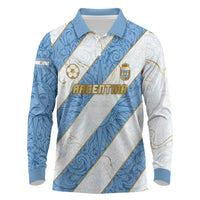 Custom Argentina Football Long Sleeve Polo Shirt Sun Of May Baroque Filigree Gold Striped Patterns