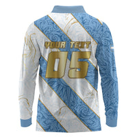 Custom Argentina Football Long Sleeve Polo Shirt Sun Of May Baroque Filigree Gold Striped Patterns