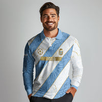 Custom Argentina Football Long Sleeve Polo Shirt Sun Of May Baroque Filigree Gold Striped Patterns