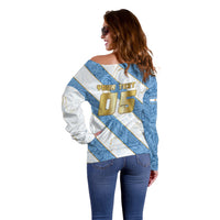 Custom Argentina Football Off Shoulder Sweater Sun Of May Baroque Filigree Gold Striped Patterns