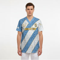 Custom Argentina Football Scrub Top Sun Of May Baroque Filigree Gold Striped Patterns