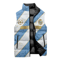 Custom Argentina Football Sleeveless Puffer Jacket Sun Of May Baroque Filigree Gold Striped Patterns