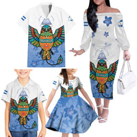Nicaragua Family Matching Off The Shoulder Long Sleeve Dress and Hawaiian Shirt Guardabarranco Bird With Sacuanjoche