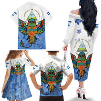 Nicaragua Family Matching Off The Shoulder Long Sleeve Dress and Hawaiian Shirt Guardabarranco Bird With Sacuanjoche