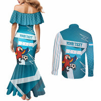 Personalized Honduras Football Couples Matching Mermaid Dress and Long Sleeve Button Shirt Scarlet Macaw Mascot