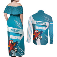 Personalized Honduras Football Couples Matching Off Shoulder Maxi Dress and Long Sleeve Button Shirt Scarlet Macaw Mascot