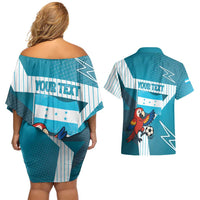 Personalized Honduras Football Couples Matching Off Shoulder Short Dress and Hawaiian Shirt Scarlet Macaw Mascot