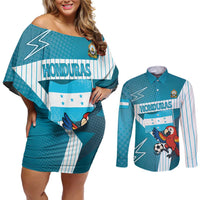 Personalized Honduras Football Couples Matching Off Shoulder Short Dress and Long Sleeve Button Shirt Scarlet Macaw Mascot