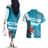Personalized Honduras Football Couples Matching Off The Shoulder Long Sleeve Dress and Hawaiian Shirt Scarlet Macaw Mascot