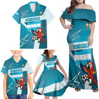 Personalized Honduras Football Family Matching Off Shoulder Maxi Dress and Hawaiian Shirt Scarlet Macaw Mascot