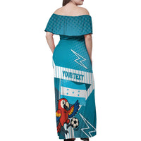Personalized Honduras Football Family Matching Off Shoulder Maxi Dress and Hawaiian Shirt Scarlet Macaw Mascot