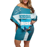 Personalized Honduras Football Family Matching Off Shoulder Short Dress and Hawaiian Shirt Scarlet Macaw Mascot