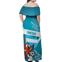 Personalized Honduras Football Off Shoulder Maxi Dress Scarlet Macaw Mascot