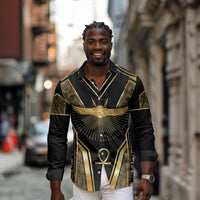 Egypt Winged Sun Long Sleeve Button Shirt Ancient Mythology Golden Ankh