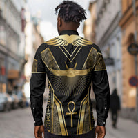 Egypt Winged Sun Long Sleeve Button Shirt Ancient Mythology Golden Ankh