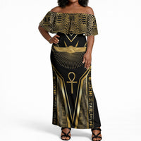 Egypt Winged Sun Off Shoulder Maxi Dress Ancient Mythology Golden Ankh