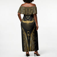 Egypt Winged Sun Off Shoulder Maxi Dress Ancient Mythology Golden Ankh