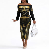 Egypt Winged Sun Off The Shoulder Long Sleeve Dress Ancient Mythology Golden Ankh