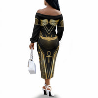 Egypt Winged Sun Off The Shoulder Long Sleeve Dress Ancient Mythology Golden Ankh