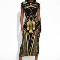 Egypt Tyet Short Sleeve Bodycon Dress Ancient Mythology Knot Of Isis Gold